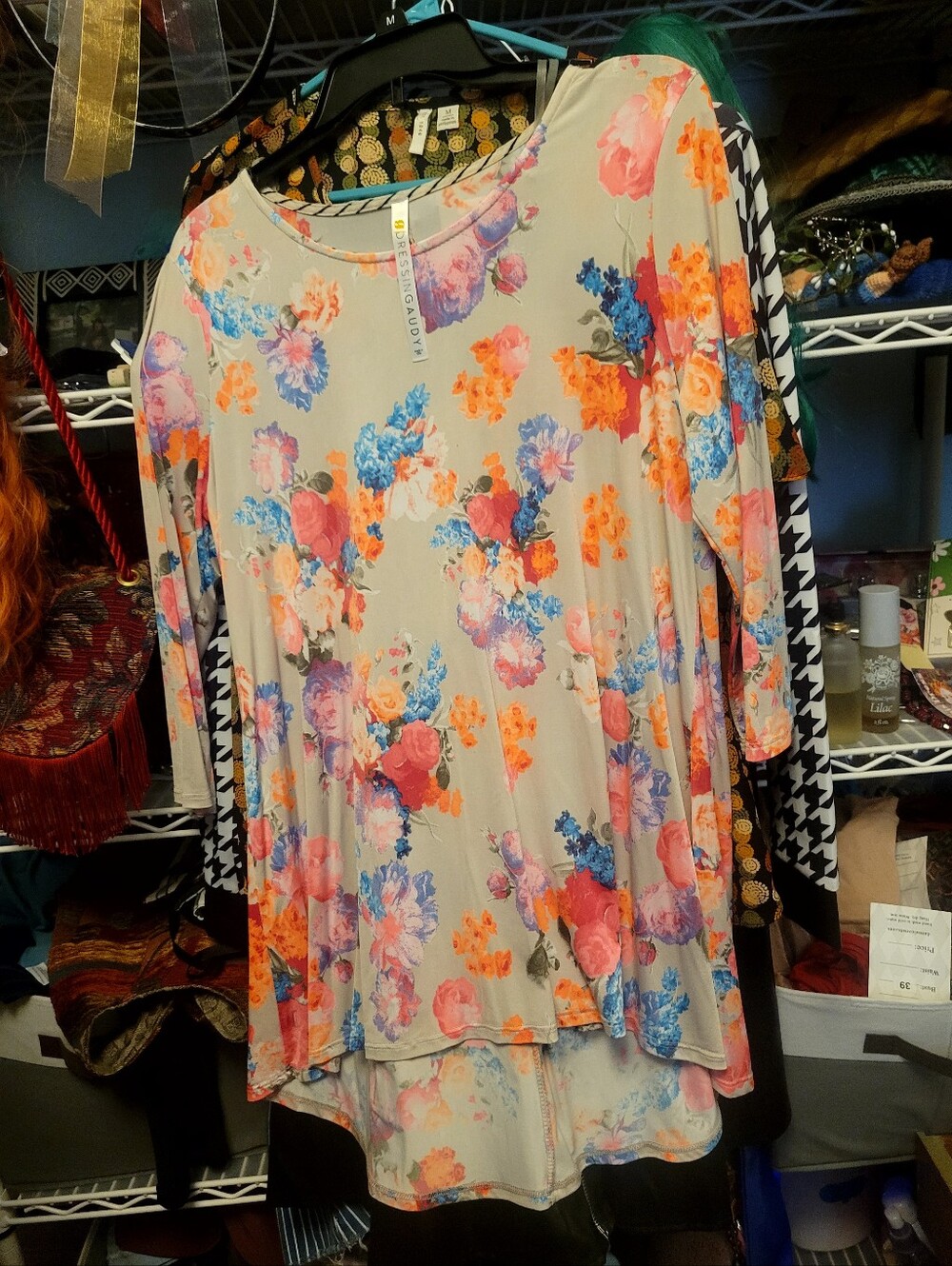 Floral Scoop-Neck Taupe Tunic with Coral, Pink & Blue Blooms